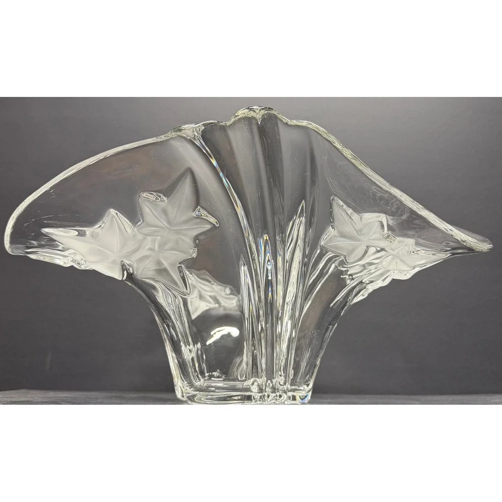 Vintage Crystal Fan Vase Frosted Ivy Leaf Flared Ribbed Art Deco Style Centerpc